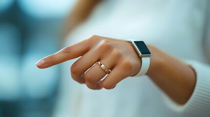 A woman's hand pointing with a smartwatch and ring, set against a clean white background.