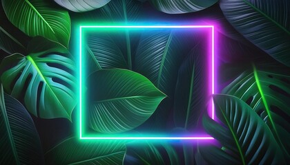 Neon Frame with Tropical Green Leaves Background