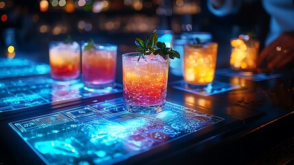 Neon cocktails glow on an illuminated table, adding flair to the night scene.