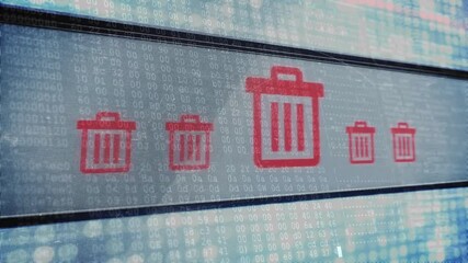 Poster - Animating trash bin icons over binary code background