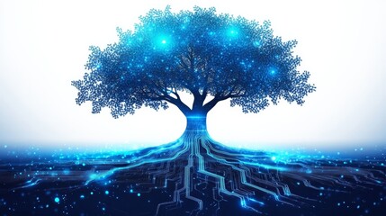 Digital Tree of Knowledge: A glowing blue tree with intricate circuit board roots, symbolizing the interconnectedness of knowledge, technology, and growth.  