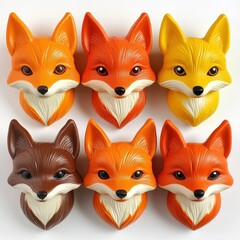 Poster - Six colorful fox head sculptures in various shades, designed for decorative purposes.