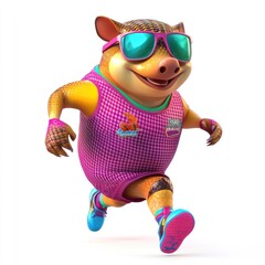 Poster - A cartoonish boar character running energetically in sporty attire and sunglasses.