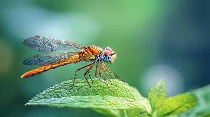 A colorful dragonfly perches gracefully on a bright green leaf, showcasing its iridescent wings.