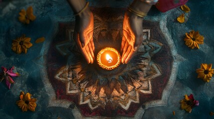 A photograph of hands gently placing a traditional diya candle on a beautifully decorated floor showcasing the festive and spiritual essence of the Hindu festival of Diwali a of light community