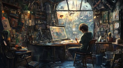 Aufkleber - A Solitary Artist Working in a Crowded Studio with a View of a City Through a Window