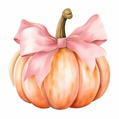 A beautifully illustrated pumpkin adorned with a large pink bow, representing a blend of autumn and elegance, perfect for seasonal graphics, invitations, or festive decor themes,