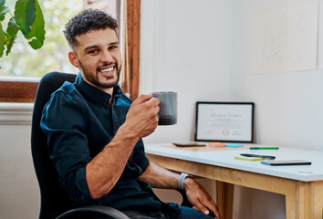 Aufkleber - Man, coffee and portrait in office for creativity, pride and professional in design industry. Graphic artist, happy and positive at desk for project management, web development and growth in Spain