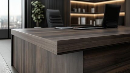 A wooden desk with a potted plant and two black chairs. The desk is in a room with a window and a view of the city