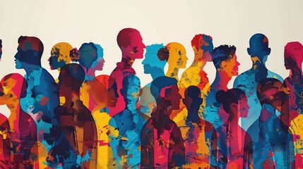 Abstract creative illustration of faceless silhouettes of people in bright colors with copy space on top. Background for modern design projects, banners, social media graphics or marketing materials