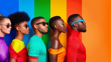 Wall Mural - A group of people wearing colorful clothes and sunglasses stand in a line. Concept of unity and diversity, as the people come from different backgrounds and have different styles