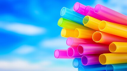 Poster - A bunch of plastic straws in various colors are arranged in a row. Concept of fun and playfulness, as the bright colors of the straws contrast with the clear blue sky