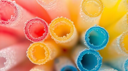 Poster - plastic straws in a rainbow of colors. A close up of straws with different colors and bubbles. Concept of playfulness and fun