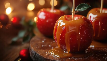 Candy apples being dipped in caramel, set on a wooden table, festive style, close-up, soft lighting, warm tones, high detail