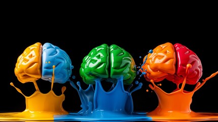 Three colorful brains are splattered with paint, creating a vibrant and playful scene. The colors of the brains and the paint create a sense of energy and creativity