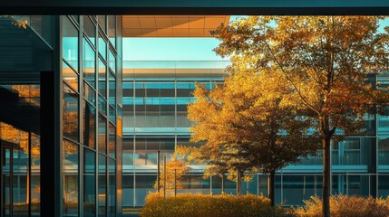 Poster - Modern Office Building with Fall Foliage and Reflections in Glass Windows