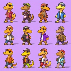 Poster - A collection of cartoon dinosaur characters in various outfits and poses.