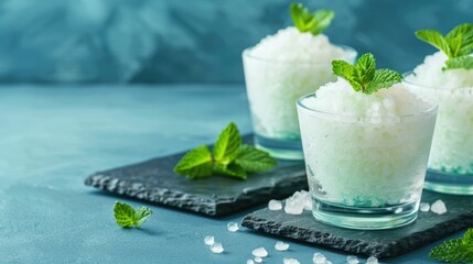 Wall Mural - Closeup of Mint Julep Granita a frozen icy cocktail dessert served in glasses with deep depth of field and fresh vibrant green mint leaves as a garnish  This refreshing chilled