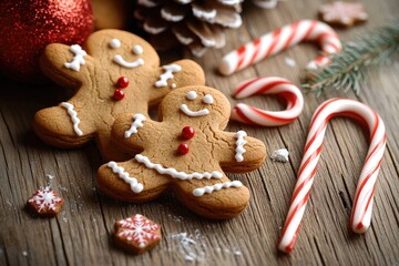 Poster - Traditional Christmas background with gingerbread cookies and candy canes on a wooden surface