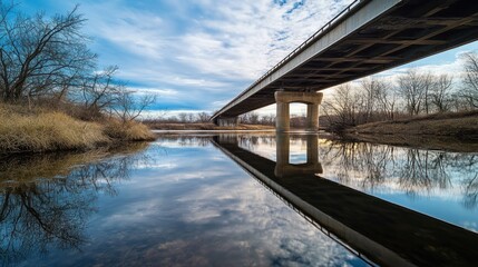 Bridge Reflection in Calm Water with a Cloudy Sky