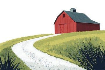 Rustic Barn on Grassy Knoll - Vector Illustration of Countryside Landscape with Gravel Road on White Background