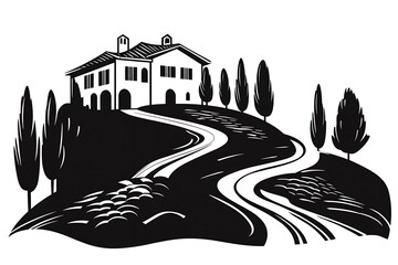 Charming Vector Illustration of Tranquil Villa on Hill with Scenic Road - Black and White Design