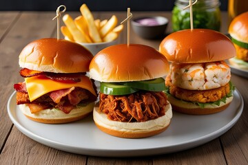 Gourmet Sliders Trio: Cheddar Cheese & Bacon, Spiced Pulled Pork, Crab Cake on Soft Buns with Crispy Fries