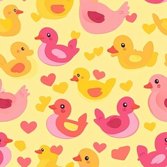 Canvas Print - A colorful pattern featuring various cartoon ducks and hearts on a yellow background.