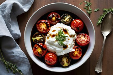 Wall Mural - Delicious Bowl of Velvety Ricotta with Blistered Tomatoes and Herb-Infused Balsamic Reduction