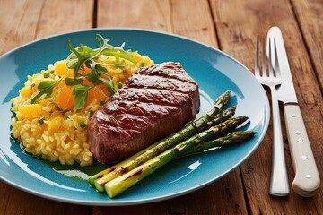 Savory Char-Grilled Beef Tenderloin with Citrus Infused Risotto and Crunchy Asparagus