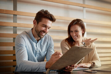 Aufkleber - Clipboard, talking and people in business, ideas and smile for planning of launch, man and woman in cafe. Meeting, checklist and entrepreneur of web developing, company and online with tablet
