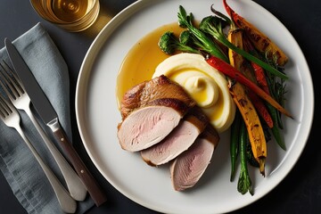 Wall Mural - Gourmet Duck Breast with Creamy Mashed Potatoes and Roasted Seasonal Vegetables