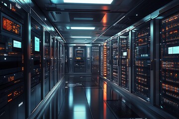 Poster - Server Room Interior with Illuminated Racks and a Reflective Floor