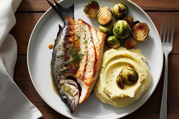 Wall Mural - Delicious Grilled Swordfish with Creamy Mashed Parsnips and Crispy Roasted Brussels Sprouts