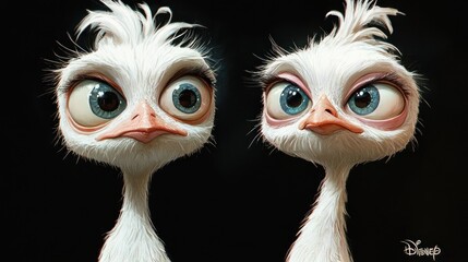 Poster - Two cartoonish birds with large eyes and fluffy feathers, showcasing a whimsical style.