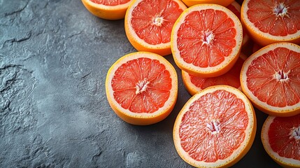 grapefruit, cut into slices on the gray background with copy space