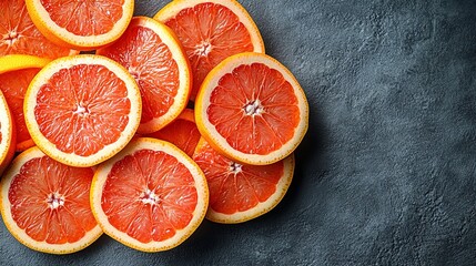 grapefruit, cut into slices on the gray background with copy space