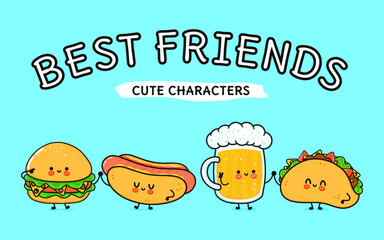 Wall Mural - Cute, funny happy glass of beer, hot dog, hamburger, taco . Vector hand drawn cartoon kawaii characters, illustration icon. Funny cartoon glass of beer, hot dog, hamburger, taco mascot friends concept