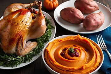 Savory Roasted Turkey with Creamy Mashed Potatoes and Oven-Baked Sweet Potatoes for a Flavorful Feast