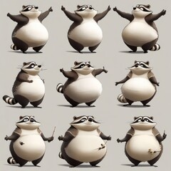 Poster - A playful collection of cartoon raccoons in various poses and expressions.