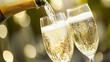 © Anastasiia Ignateva - Close-Up Pouring Champagne Festive Celebration. Close-up of champagne being poured into flutes, ideal for celebrations and festive events.