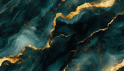 Wall Mural - Abstract fluid art with dark green and gold accents creating a luxurious and modern design, perfect for backgrounds or decor.