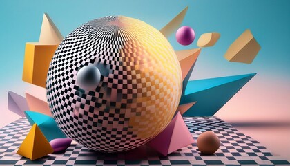 Wall Mural - Abstract 3D Composition with Checkered Sphere and Colorful Shapes