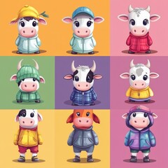 Canvas Print - A colorful grid of cute cartoon cows in various outfits and hats.