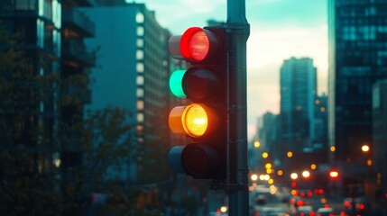 Poster - A detailed shot of a traffic light with red, yellow, and green signals visible, set against a cityscape with a blurred background.