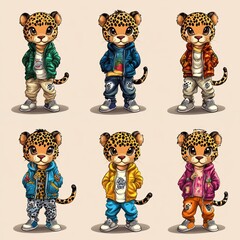 Poster - Cartoon leopards in stylish outfits showcasing various poses and colors.