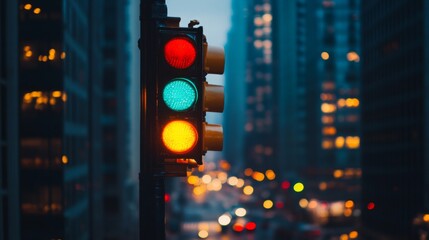 Poster - A detailed shot of a traffic light with red, yellow, and green signals visible, set against a cityscape with a blurred background.
