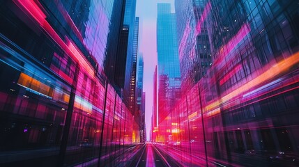 Poster - Cityscape with Neon Lights and Blurry Reflections in Windows