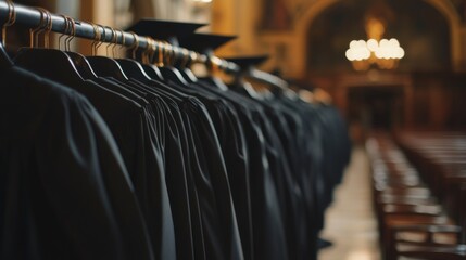 Aufkleber - A detailed shot of graduation gowns and caps neatly arranged on a rack, with an empty hall and chairs in the background.