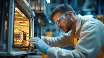 Poster - A man in a lab coat is wearing safety goggles